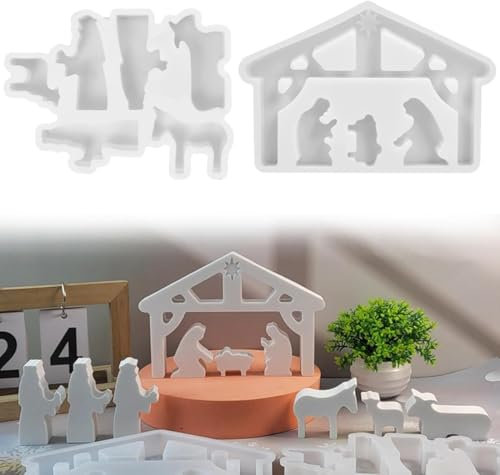 2 Stück Silikonform Krippe, Silikon Gießform Krippe, Silikonformen Gießformen, Krippenfiguren Gießform, Rayher Krippe Gießform, Giessformen Silikon für Weihnachten DIY Handwerk, Kerzen, Gips (A)