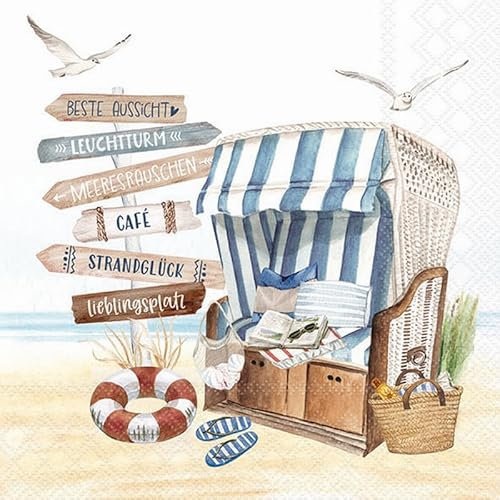 20 Servietten Maritim Wegeschilder an Strandkorb als Tischdeko. Papierservietten mit Motiv. Auch für Decoupage und Serviettentechnik 33x33cm