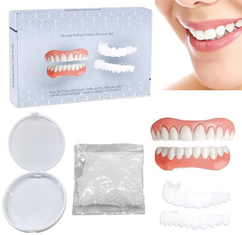 2 Paar Zahnprothese Zähne Zum Aufstecken Zahnersatz Zum Aufstecken Zahnersatz Prothese Komplett Silicone Reline Denture Set Silikon Zahnprothesen Zahn Prothese Mit 50g Beißring,2 Geformte Beißringe