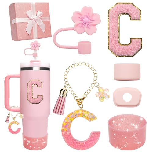 Miglaja Cup Accessories for Stanley Cup 30OZ 40OZ, 7Pcs All Accessories Contain Flower Straw Topper, Sillicone Boot, Letter Stickers and Pendants,Spill Stopper Set,Gift Box (Pink C)