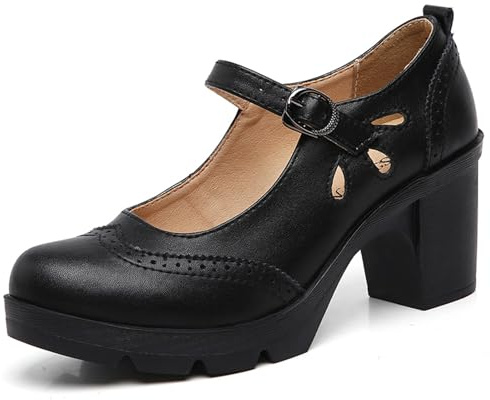 PPXID Women's Mid Block Heel Mary Jane Pumps Ankle Strap Dress Court Shoes Matte Black 7 UK