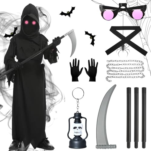 KIMIGO Ensemble Costume de Faucheur aux Yeux Brillants Unisexe pour Enfants,Grim Reaper jeu de rôle avec Faucille,pour Halloween Cosplay,Carnaval