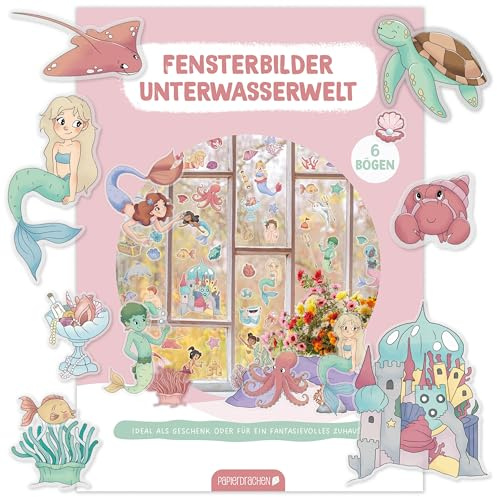 Papierdrachen Fensterbilder Meerjungfrau - 6 Bögen Fenster-Sticker & Aufkleber - Statisch haftend & Wiederverwendbar - Deko Kinderzimmer Unterwasserwelt