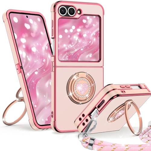 Unlicaku for Samsung Galaxy Z Flip 6 / Z Flip 5 / Z Flip 7 FE Case, Double Heart Ring Phone Case with Stand & Lanyard, Women Girls Luxury Glitter Protective Cover For Galaxy Z Flip 6/5 / 7 FE, Pink