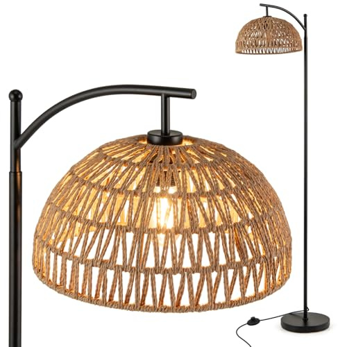 HOMASIS Stehlampe 160cm, Metall Stehleuchte mit geflochtem Lampenschirm, E27 Standleuchte mit Fußschalter & stabilem Sockel, Standlampe Bodenlampe Leselampe für Wohnzimmer Schlafzimmer Büro, Schwarz