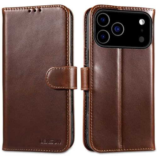 LENSUN Handyhülle für iPhone 17 Pro Max Echtleder, Lederhülle, Hunter Braun | Hülle Echtes Leder, Stand Funktion, RFID Schutz Kartenfach, Handytasche Flip