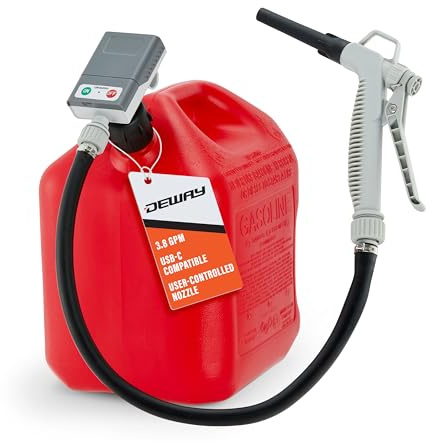 DeWay Jerry Can Fuel Transfer Pump with Trigger Nozzle | 14 LPM Flow Rate, 130 cm Rubber Hose & 4 Can Adapters for Petrol, Kerosene, Diesel & Non-Potable Liquids | USB-C & Battery Powered