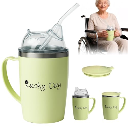 350ml Adult Sippy Cups, 3-in-1 Beakers for Elderly with 30cm Straw and Lid, Anti Choke & Non Spill Elderly Drinking Cup with Handle, Stainless Steel Dysphagia Cups for Disabled Adults Drinking Aids