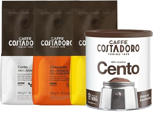 Costadoro Set Degustazione Macinato per Moka: 1 Latta (250 g) Cento + 1 Sacchetto (180 g) Cento, 1 Sacchetto Settanta (180g) e 1 Sacchetto Cinquanta (180 g), Qualità Superiore Made in Italy