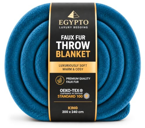 EGYPTO Fleece Blanket Faux Fur Throw for Bed & Sofa – Luxury Extra Soft Fur Brush Fabric – Warm & Cosy Hot Teal Blanket – Versatile Outdoor Blankets Faux Fur Bed Throw King Size (200cm x 240cm, Teal)
