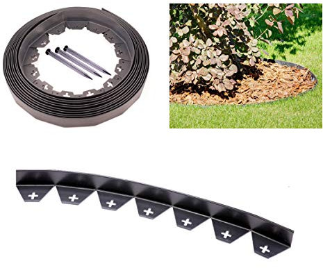 Bordura da giardino in plastica flessibile di colore nero, 10 metri, con 50 robusti picchetti/ancore di fissaggio, per delimitare il prato, per giardinaggio e progettazione di giardini