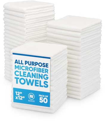 12 x 12 Microfiber Cleaning Cloths (50 Pack) - Reusable Towels, Wash Rags, Dust Cloth, All-Purpose: Kitchen, Dish, Cars, Shop, Glass (White)
