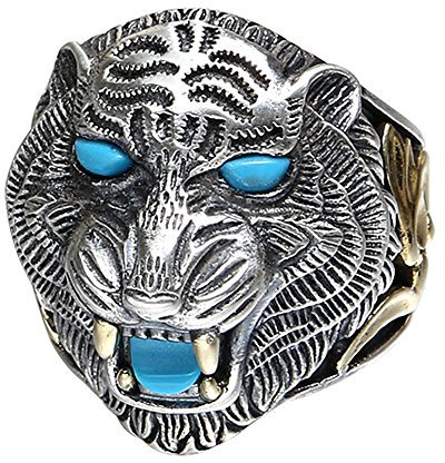 ForFox Vintage Schwarz 925 Sterling Silber Tiger Ring mit Türkis Punk Tier Schmuck für Herren Damen Offen Verstellbar