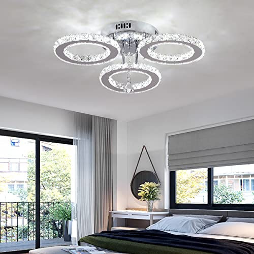 Moderne Kristall LED Deckenleuchte, Kaltweiß 6000K Diamant-Kristallleuchter, Design-Deckenleuchte mit 3 Kristallringen, Edelstahl Pendelleuchte Deckenbeleuchtung für Wohnzimmer Schlafzimmer Küche Flur