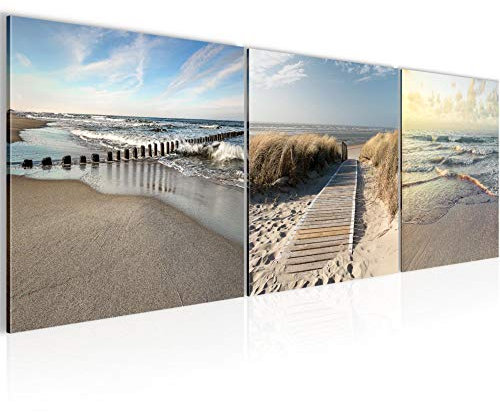 Runa Art - Bilder Strand 120 x 40 cm 3 Teilig Wandbild auf Vlies Leinwand Beige Blau Mehrteilig Modern 028033a