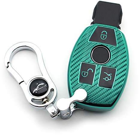 M.JVisun Auto Coques de Clés Pour Mercedes-Benz Classe A B Classe C E S G M V CLA CLS GLA GLC GLE GLK GL GLS SL SLK SLC Viano Pour Metris Souple Fibre de Carbone Sergé TPU Avec Métal Porte-clés - Vert