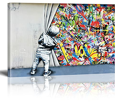 Druck auf leinwand Bilder Banksy Graffiti Behind the Curtain Wand Bild Street Pop Art Gemälde Kunstdruck Modern Wandbilder XXL Wanddekoration (Mit Rahmen, 140x80cm)