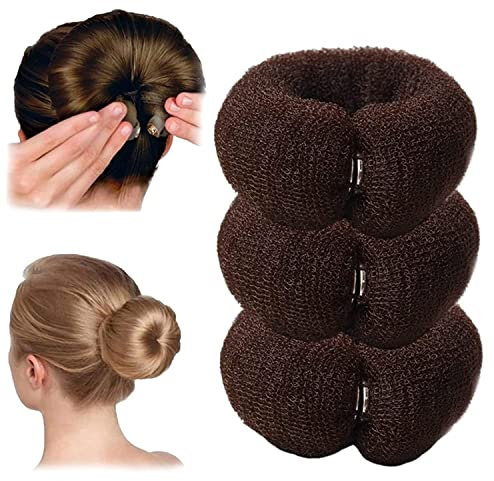 3Pcs Magic Roll Tool Haarring, DIY Haarschaum Ringformer Snap, Donut Brötchen Haarschmuck, Snap Lock Twist Maker Clip Lockenwickler (Braun)