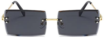 YUELUQU Retro Rahmenlose Sonnenbrille für Damen Herren Mode Retro Rechteck Brille Quadratische durchsichtige Sonnenbrille (A-Gold/schwarz)