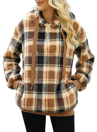 Nirovien Pullover da donna Sherpa oversize con cappuccio peloso doppio pile felpe soffici plaid capispalla cappotti caldi, A-plaid Caffè, X-Large