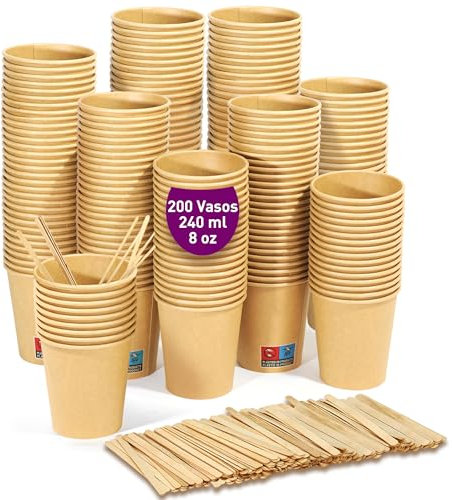GoBeTree 200 gobelets jetables en carton kraft de 240 ml / 8oz, gobelets jetables en carton kraft avec agitateurs en bois pour café américain, café au lait et boissons gazeuses