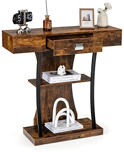 GOPLUS Table de Console Industirelle à 3 Niveaux, Table d’Entrée avec Tiroir & Dispositif Anti-Basculement, pour Entrée, Chambre, Salon, Couloir, 91X30X88 CM (Marron)