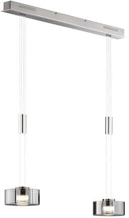 Fischer & Honsel Pendelleuchte, Lavin | nickelfarben matt/chromefarben/rauchfarben | L: 64 cm, B: 20 cm,| Höhenverstellbar 100-160 cm | über Wanddimmer stufenlos dimmbar | 60967 | EEG: F