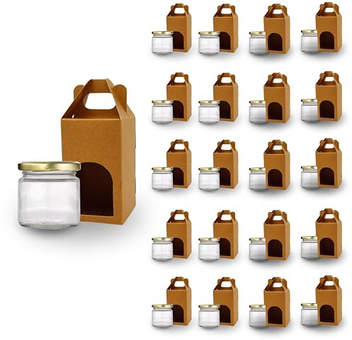 Espirito Rebelde Lot de 20 pots en verre vides avec couvercle de 100 ml avec 20 bôites en carton pour 1 pot de confiture - Inclut un couvercle à vis doré, pour confitures, conserves, miel