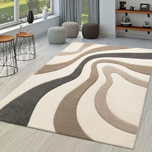 TT Home Wohnzimmer Teppich Moderner Kurzflor 3D Optik Geometrisches Wellen Design, Farbe:Creme, Größe:80x300 cm
