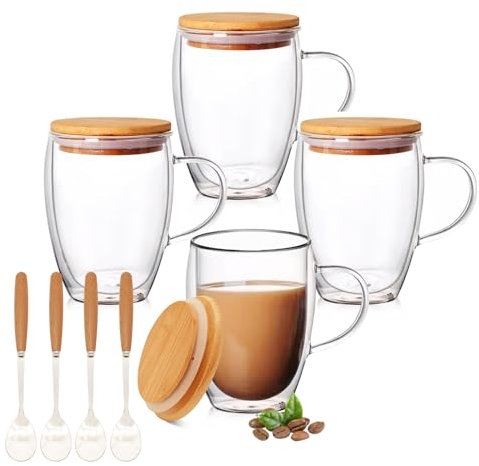 Ulrikco 4 Pack 12oz Double Walled Glass Coffee Mugs with Bamboo Lid/Spoon, Espresso Mug Cups with Handle, Cappuccino Latte Glass Cups, Borosilicate Glass Clear Mugs for Hot Beverages