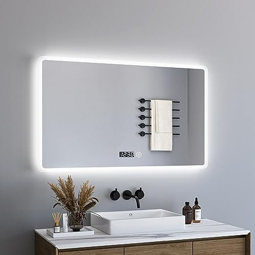 BD-Baode Badspiegel LED, Badezimmerspiegel mit Beleuchtung 60x100 cm Uhr Badezimmer Wandspiege mit Touch Schalter und 3 Lichtfarbe Einstellbare,3000-6500K Warmweiß,Neutral, Kaltweiß
