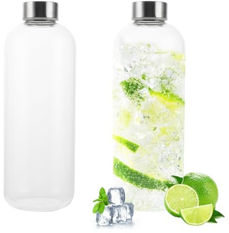 DAJAVE Lot de 2 bouteilles en verre de 1 litre incassable, 1 l, en verre borosilicate avec étui de protection, bouteille d'eau en verre pour boissons gazeuses