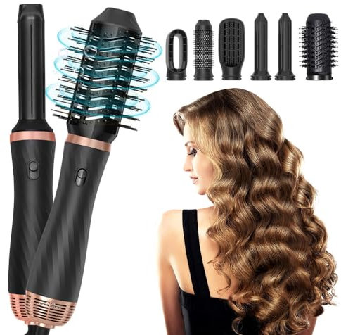 TGKYK 6 in 1 Hairstyler, 1000W Warmluftbürste Set, Multifunktionale Airstyler Föhnbürste Rotierend, Haartrockner Bürste, Rundbürstenföhn für Salon Hairstyling Curling und Glätten, Haarstyling Geräte