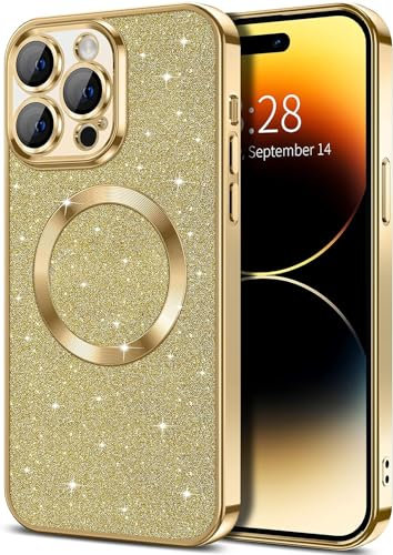 miyonsin Glitzer Hülle für iPhone 12, Bling Glitter Stoßfest Handyhülle für MagSafe, Niedliche Glitzernde Schutzhülle für Frauen und Mädchen Kompatibel mit Magnetisch, Gold