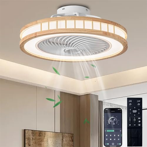 Ventilateur Plafond Bois Avec Lumière Design Creux, Moteurs DC Réversibles, Lustre Ventilateur De Plafond 6 Vitesses Dimmable, Ventilateur De Plafond Silencieux Avec Lumiere Et Telecommande 50CM