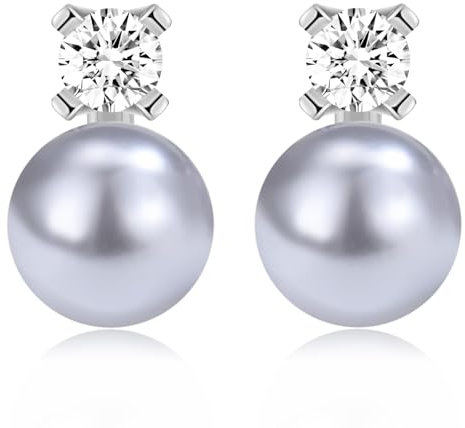 MASOP Perlenohrringe Ohrstecker Graue Perlen 8mm Zirkonia Stein Perlenohrstecker Versilbert für Damen Frauen Braut Freundin Mama