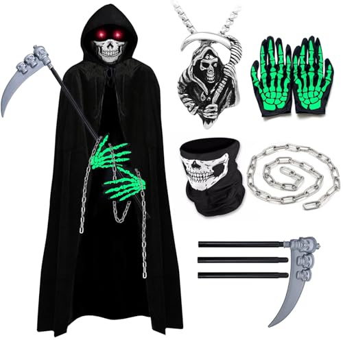 YADODO Sensenmann Kostüm Herren Damen Erwachsene mit Sense Schädelmaske Handschuhen Gruselig Halloween Kostüm Herren Sensenmann Umhang Samt Schwarzer Robe mit Kapuze Männer Frauen Teenager Halloween