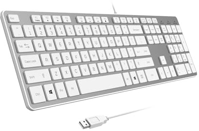 B.FRIENDIT Tastiera USB cablata con copertura/pellicola protettiva, tastiera piatta a basso profilo con layout USA (QWERTY), tastiera per computer ultra sottile e silenziosa per PC Windows