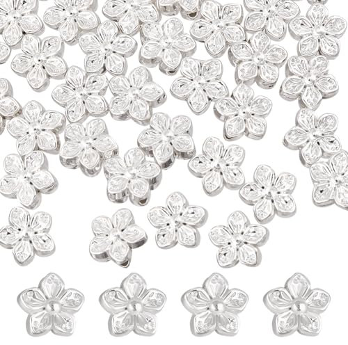 Beebeecraft 1 caja de 50 cuentas de Flores de Plata con Forma de Flor de Durazno Chapadas En Plata de Ley de 925mm con Agujero Espaciador Suelto Floral para Hacer Joyas Dijes Pulseras Collares
