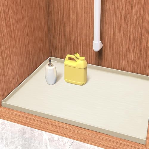 URMONA Tapis sous Évier en Silicone 48 x 48 cm, Protection Meuble Étanche | Plateau de protection, rebord anti-fuite, fond antidérapant, cuisine, salle de bain, buanderie, garage, sous lavabo (Crème)
