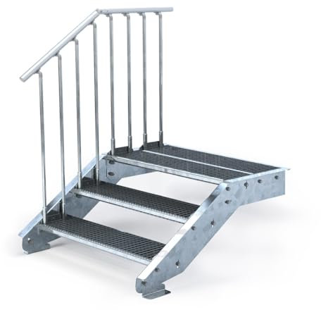 Außentreppe 3 Stufen mit Podeststufe - Höhe variabel von 50 cm bis 60 cm - feuerverzinkte Stahltreppe - Normbreite - montagefertiger Bausatz (1 x Geländer, Stufenbreite 120 cm)