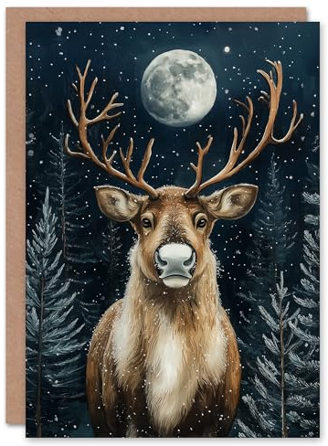 Artery8 Personalised Pine Tree Reindeer Winter Moon Snow For Him Or Her Art Christmas Card