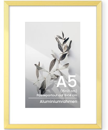 Feihorrm Bilderrahmen, Aluminium A5 15x21 cm Fotorahmen, Für 15x21 cm-Fotos ohne Passepartout oder 9x14 cm-Fotos mit Passepartout, Metall Rahmen Mit gehärtetem Glas (Gold, 1x)
