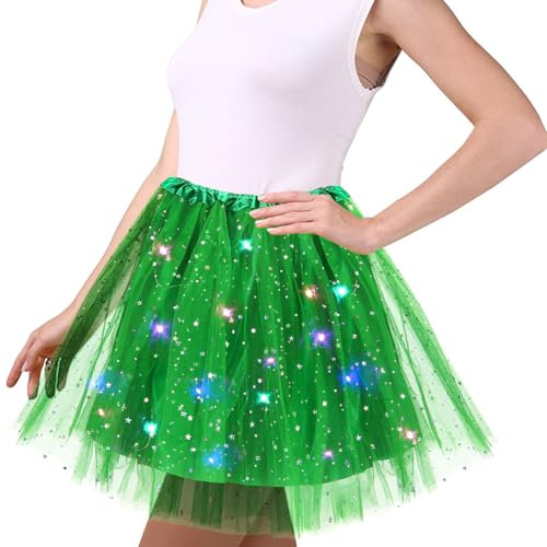 Grün Tüllrock Damen, 45cm Sterne Pailletten Tanzkleid, Dehnbaren Minirock Mit LED Lichter, Erwachsene Tütü Rock Ballettrock für Fasching Halloween Karneval Party, Ballett Tanzen Dress für Teenager