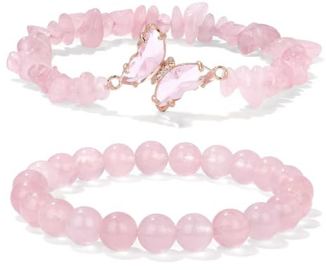 Bracciali di quarzo rosa, bracciale di elastico cristallo, braccialetto con cristalli di quarzo rosa,bracciale di perline di pietra preziosa, bracciale di pietra con charms a farfalla