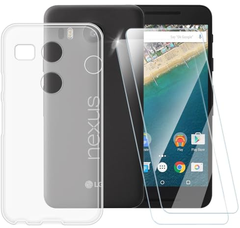 Verre trempé et Coque pour LG Nexus 5X - Transparent | 5.2 Coque souple à motif et lot de 2 films de protection d'écran, bouclier ultra transparent anti-rayures
