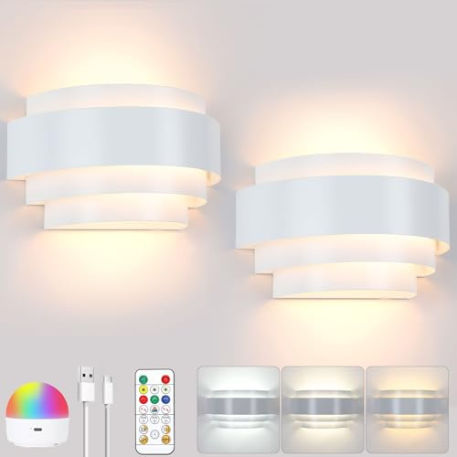 Glowlit Rechargeable Wall Lights Set of 2, Battery Operated, White | Touch & Remote, Wireless Wall Sconces, 19 Colors, Indoor Cordless, For Bedroom, Living Room