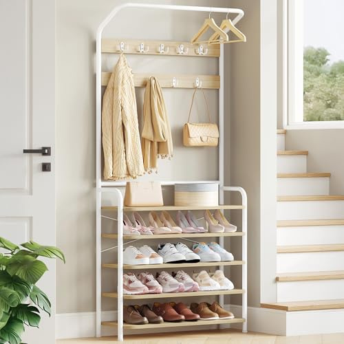 Hzuaneri Garderobenständer, 5 Regalböden, Verstellbar, Eichenfarben-Weiß | Garderobe mit 1 Kleiderstange, 9 Haken, Freistehender Kleiderständer für Flur, Eingang, 30 x 78,5 x 195 cm, HT19016W
