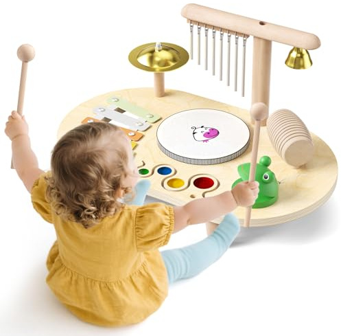 Schlagzeug Kinder Trommel Holz,7 In 1 Musik Kinderspielzeug, Montessori Lernspielzeug Schlagzeug Mit Xylophon, Kinder Trommel Set, Musikinstrumente Geschenke für das 2-5 Jahre,Weihnacht Geschenk