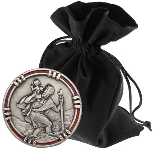 Lunexus Christophorus Auto-Magnet Ø 2,5 cm - Silber | Metallguss, detailreiches Reliefmotiv - Magnet & Klebepad fürs Armaturenbrett - gesegnet, inkl. Samtbeutel - Made in France